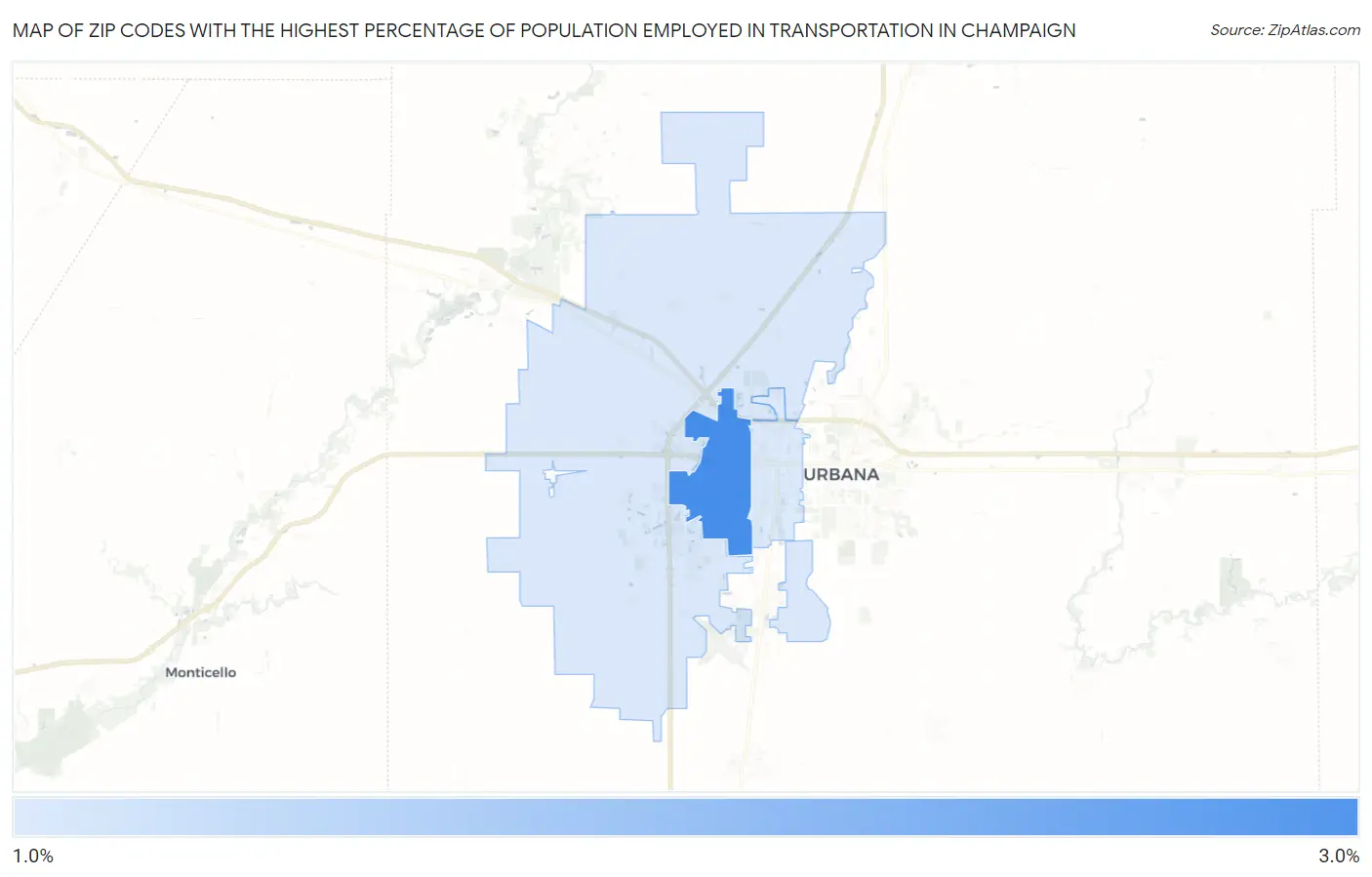Zip Codes with the Highest Percentage of Population Employed in Transportation in Champaign Map