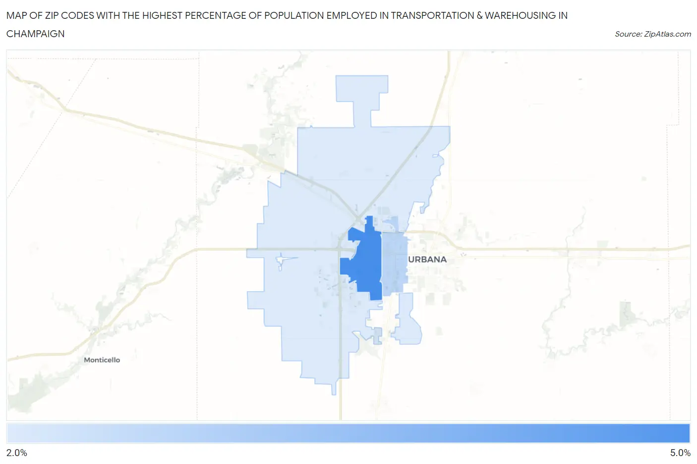 Zip Codes with the Highest Percentage of Population Employed in Transportation & Warehousing in Champaign Map
