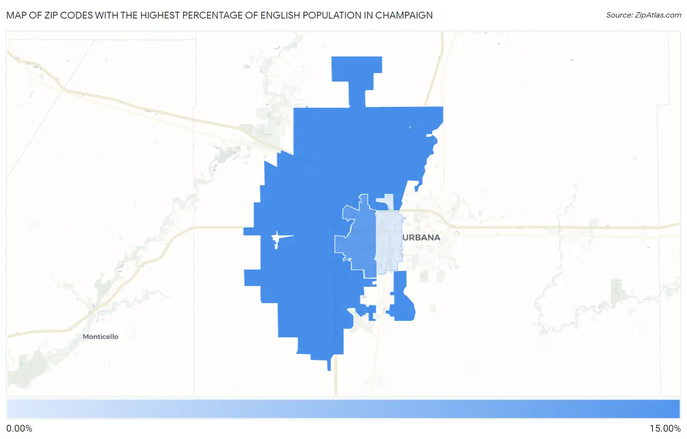 Zip Codes with the Highest Percentage of English Population in Champaign Map