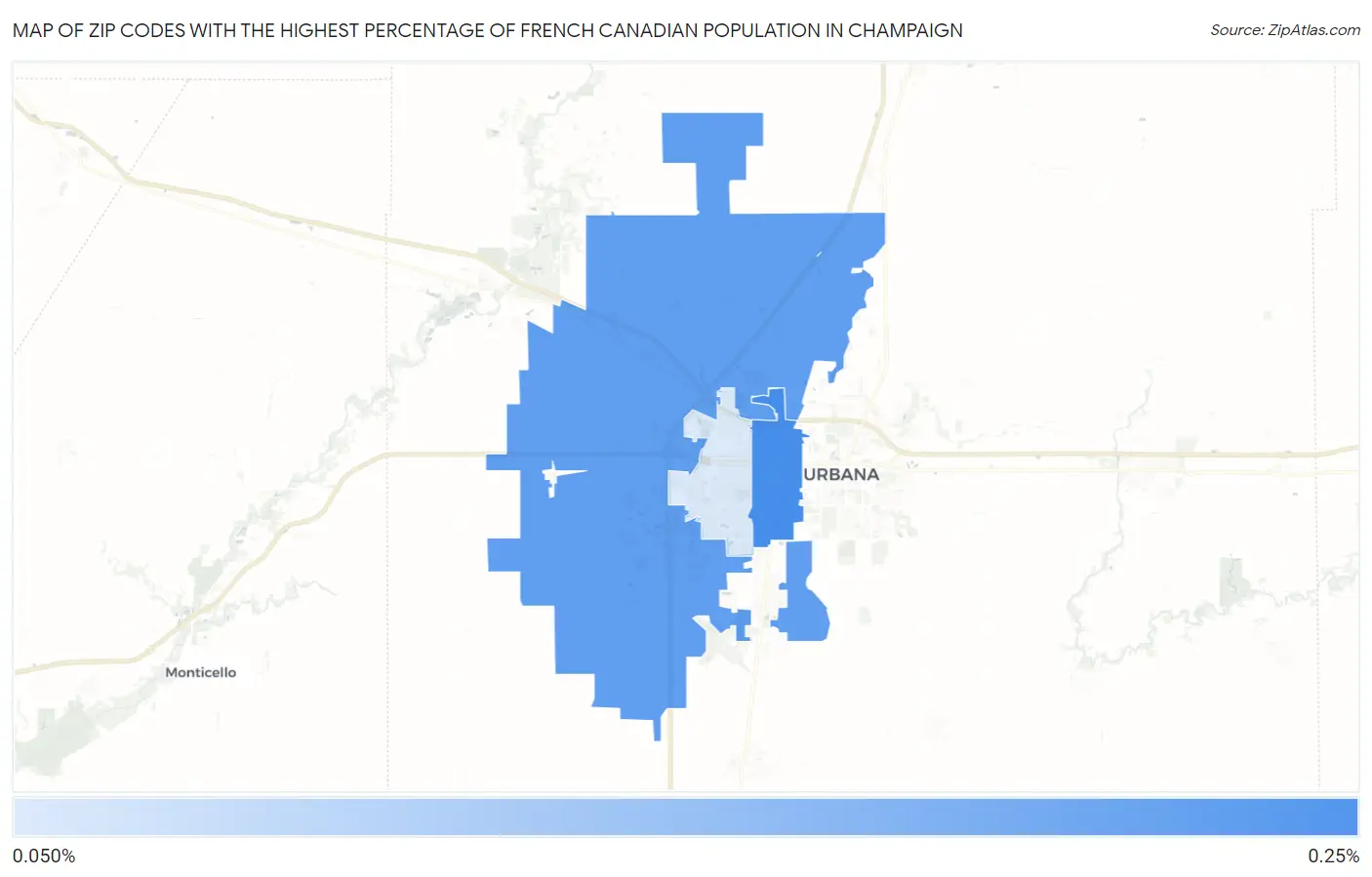 Zip Codes with the Highest Percentage of French Canadian Population in Champaign Map
