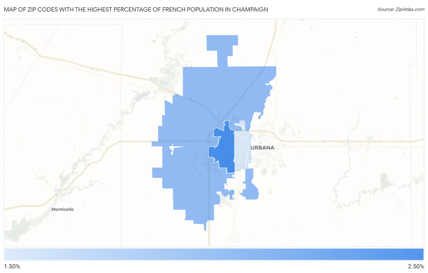 Zip Codes with the Highest Percentage of French Population in Champaign Map