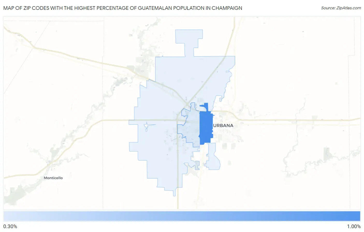 Zip Codes with the Highest Percentage of Guatemalan Population in Champaign Map