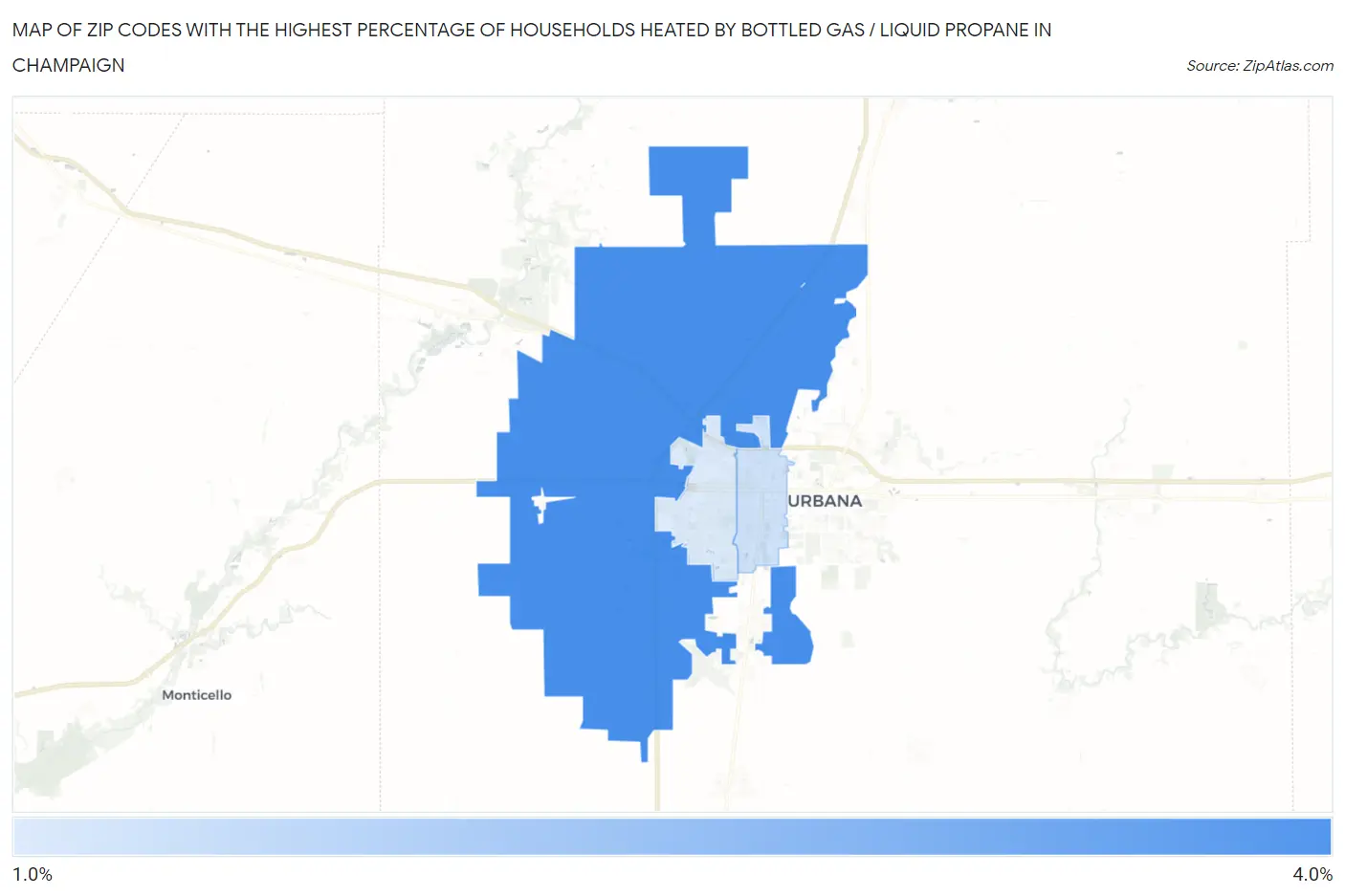 Zip Codes with the Highest Percentage of Households Heated by Bottled Gas / Liquid Propane in Champaign Map