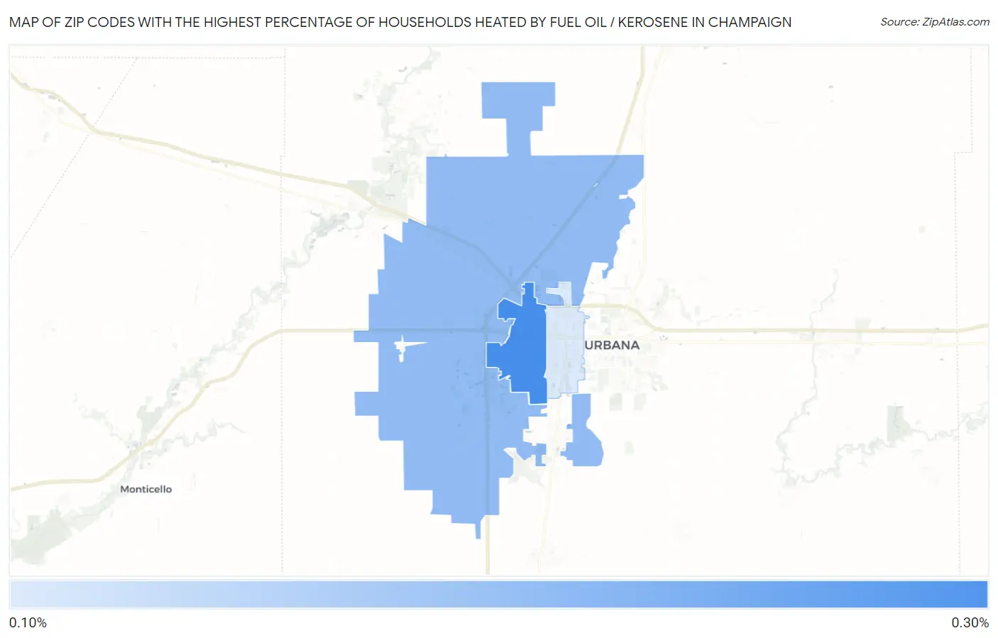 Zip Codes with the Highest Percentage of Households Heated by Fuel Oil / Kerosene in Champaign Map