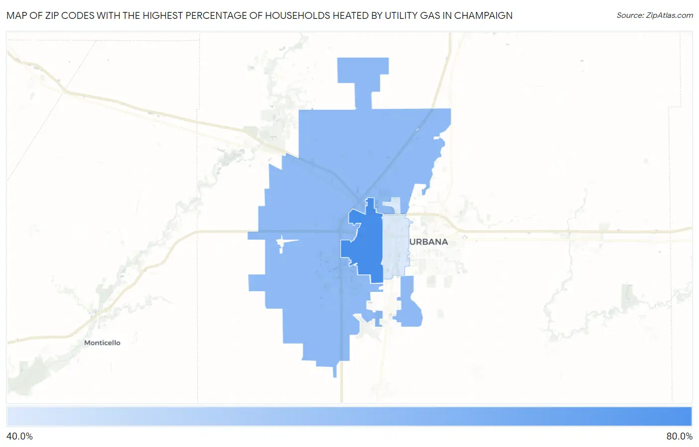 Zip Codes with the Highest Percentage of Households Heated by Utility Gas in Champaign Map