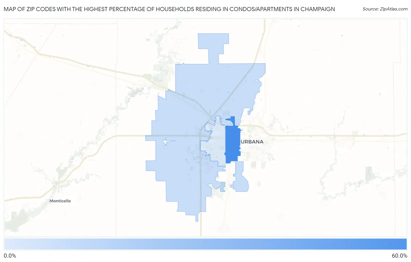 Zip Codes with the Highest Percentage of Households Residing in Condos/Apartments in Champaign Map