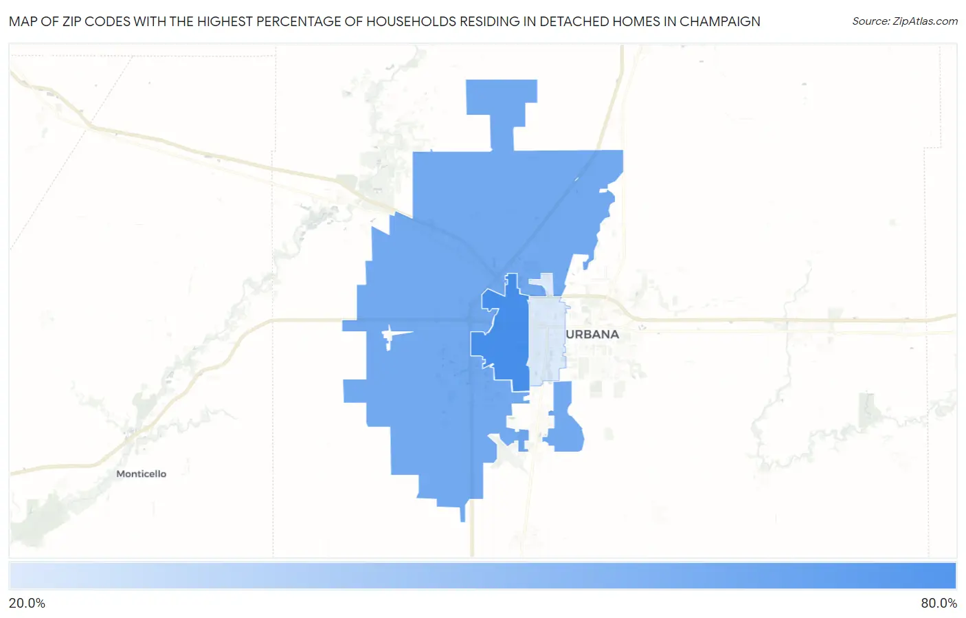 Zip Codes with the Highest Percentage of Households Residing in Detached Homes in Champaign Map