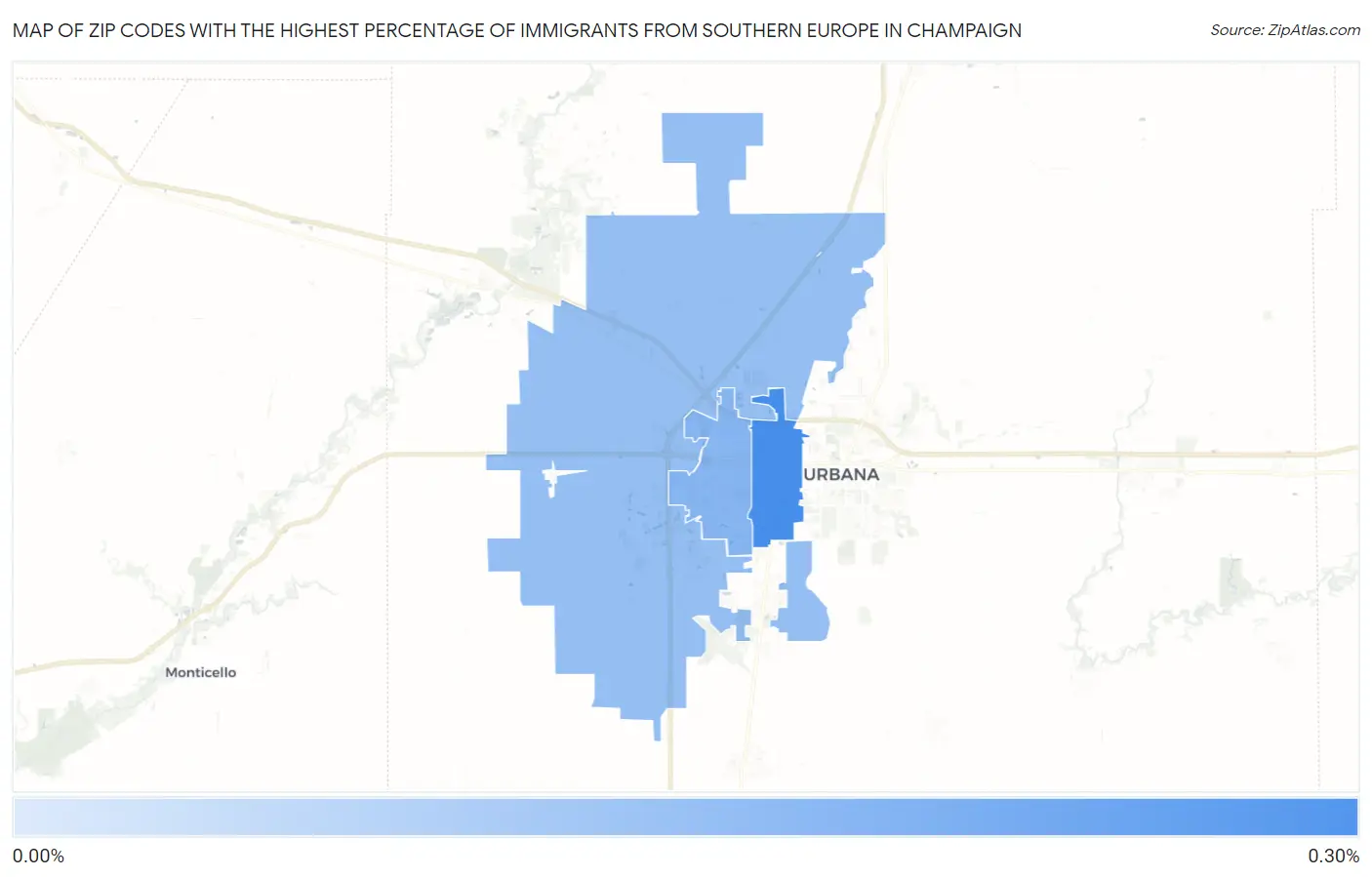 Zip Codes with the Highest Percentage of Immigrants from Southern Europe in Champaign Map