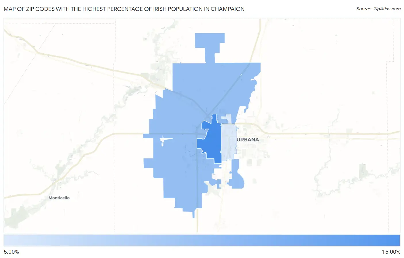 Zip Codes with the Highest Percentage of Irish Population in Champaign Map