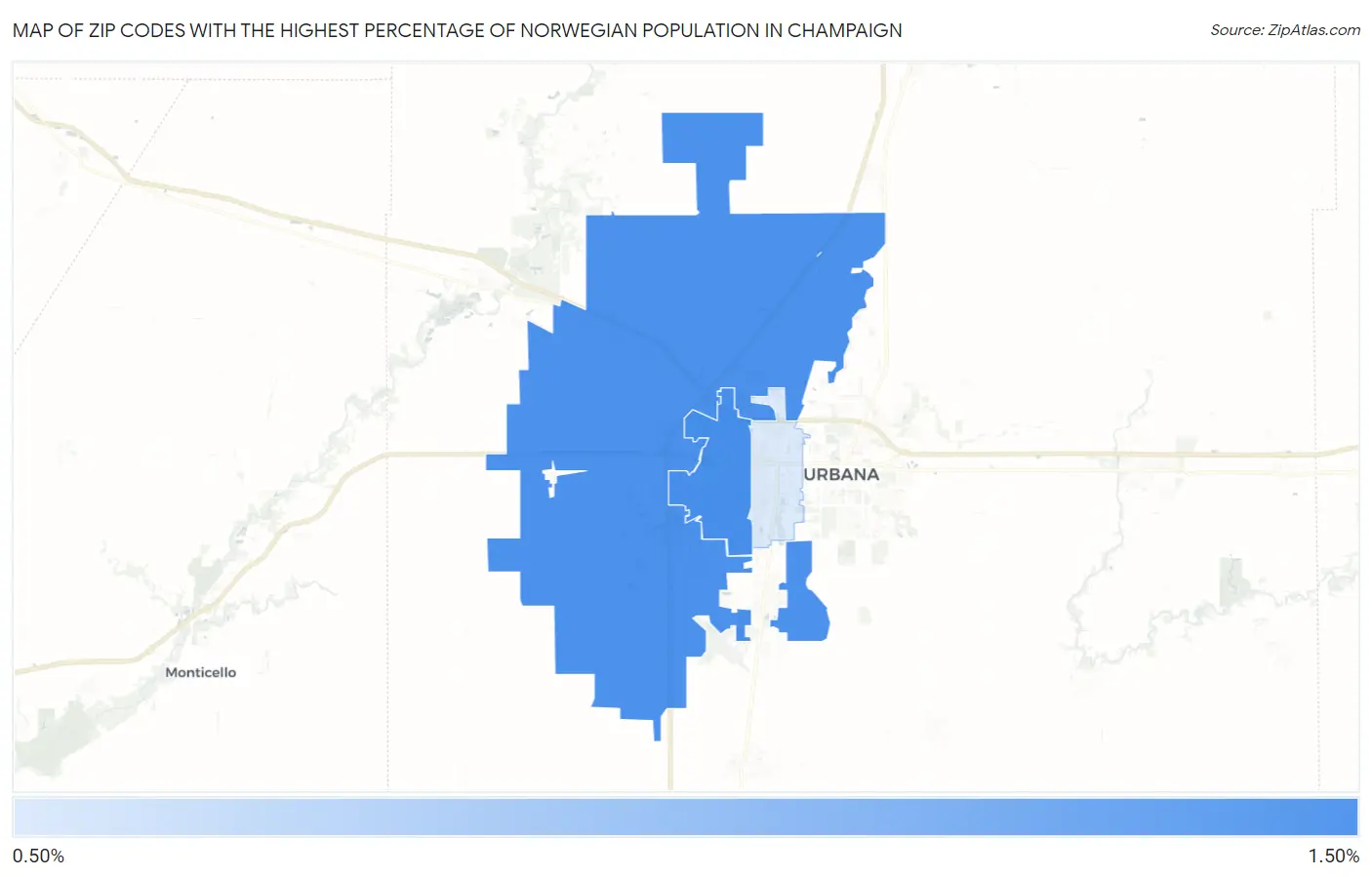Zip Codes with the Highest Percentage of Norwegian Population in Champaign Map