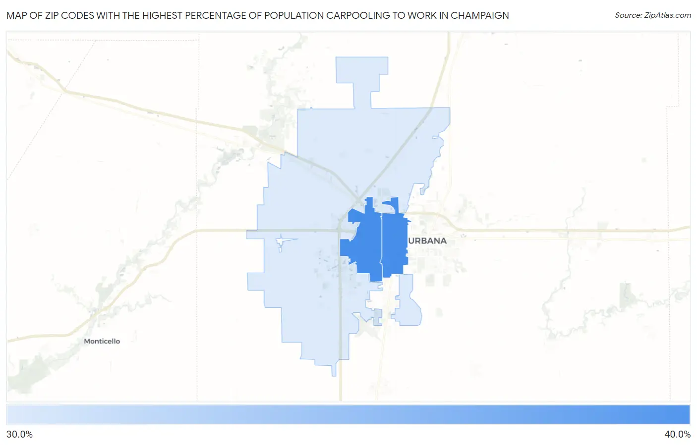 Zip Codes with the Highest Percentage of Population Carpooling to Work in Champaign Map