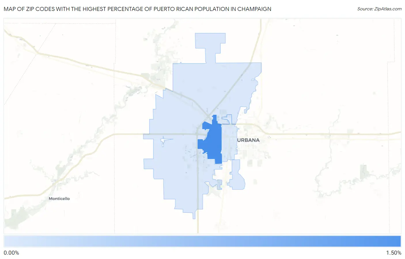 Zip Codes with the Highest Percentage of Puerto Rican Population in Champaign Map
