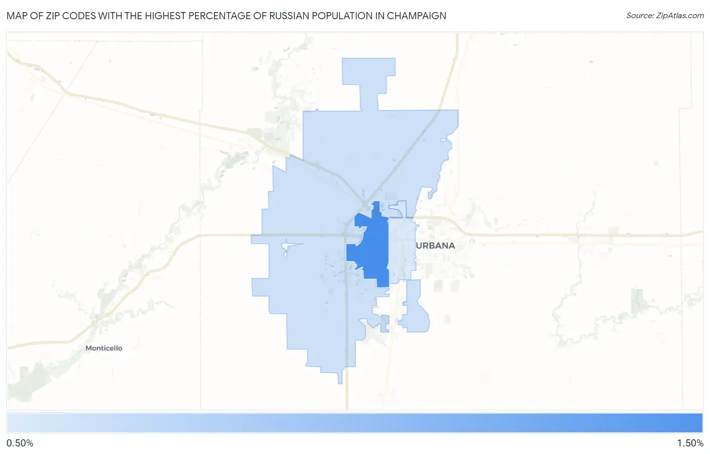 Zip Codes with the Highest Percentage of Russian Population in Champaign Map