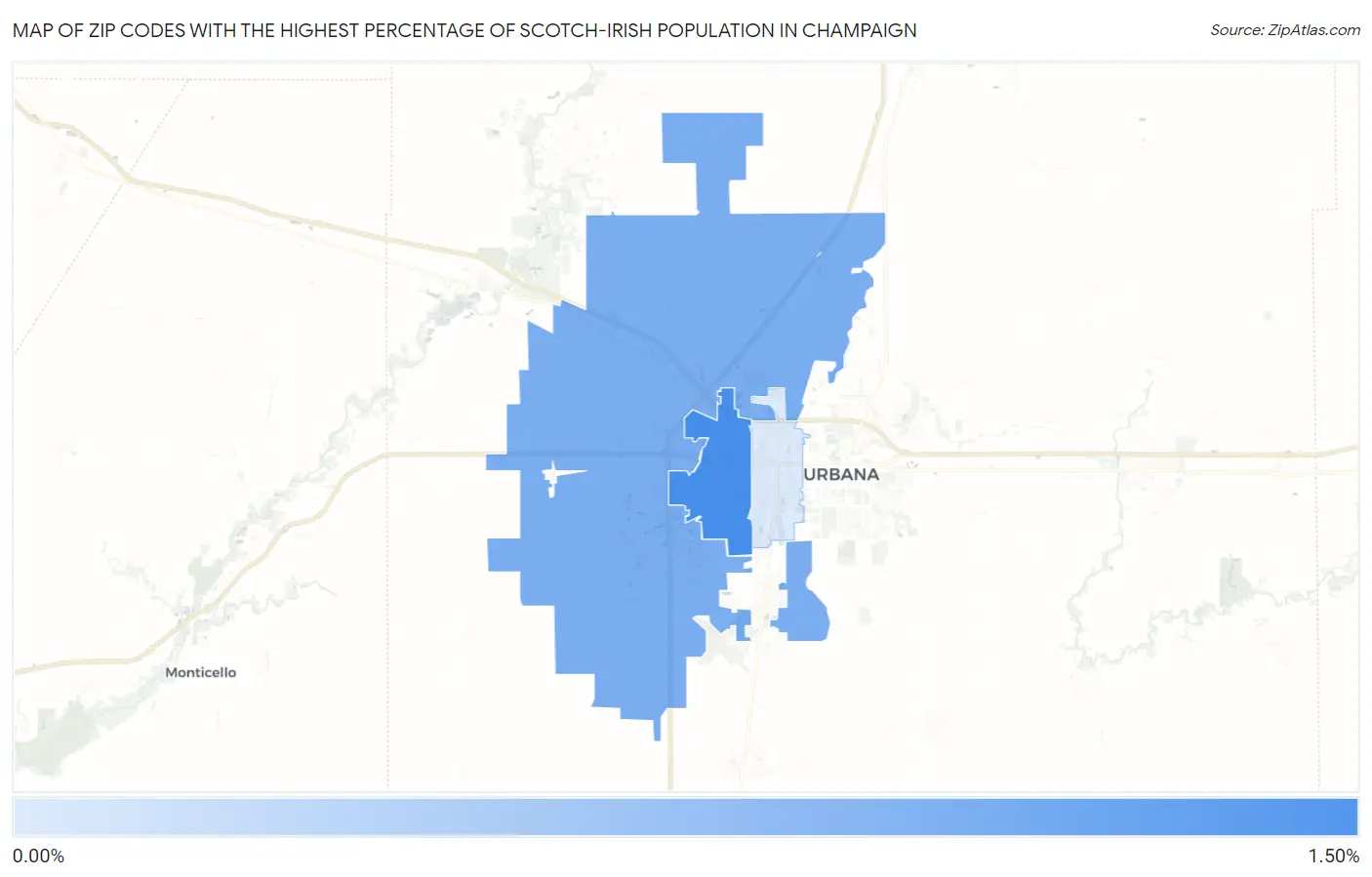 Zip Codes with the Highest Percentage of Scotch-Irish Population in Champaign Map