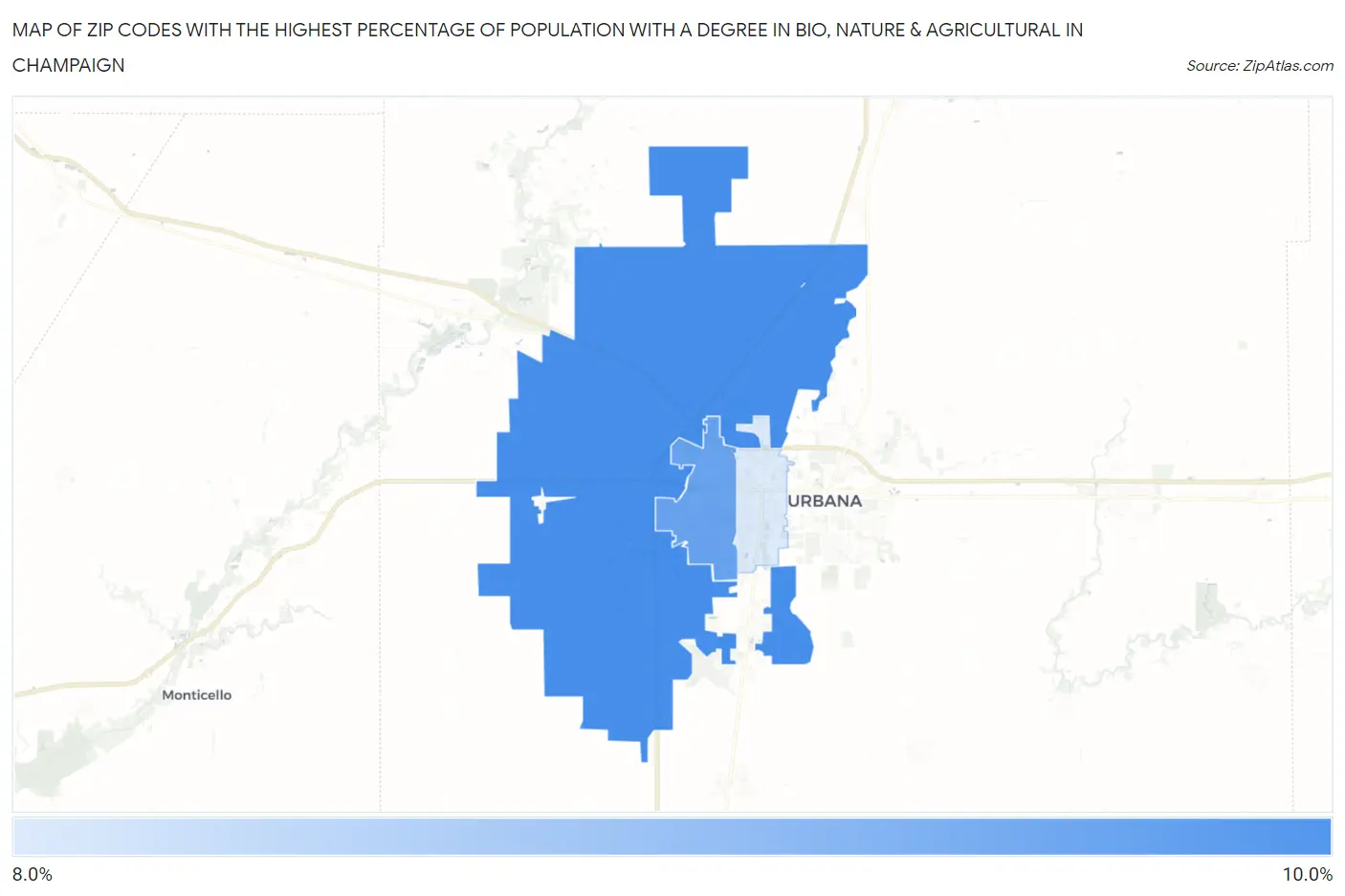 Zip Codes with the Highest Percentage of Population with a Degree in Bio, Nature & Agricultural in Champaign Map