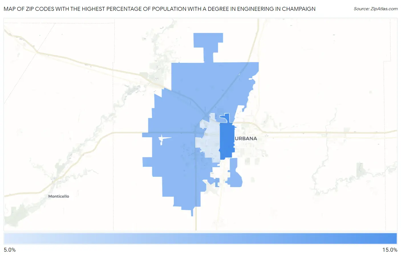 Zip Codes with the Highest Percentage of Population with a Degree in Engineering in Champaign Map