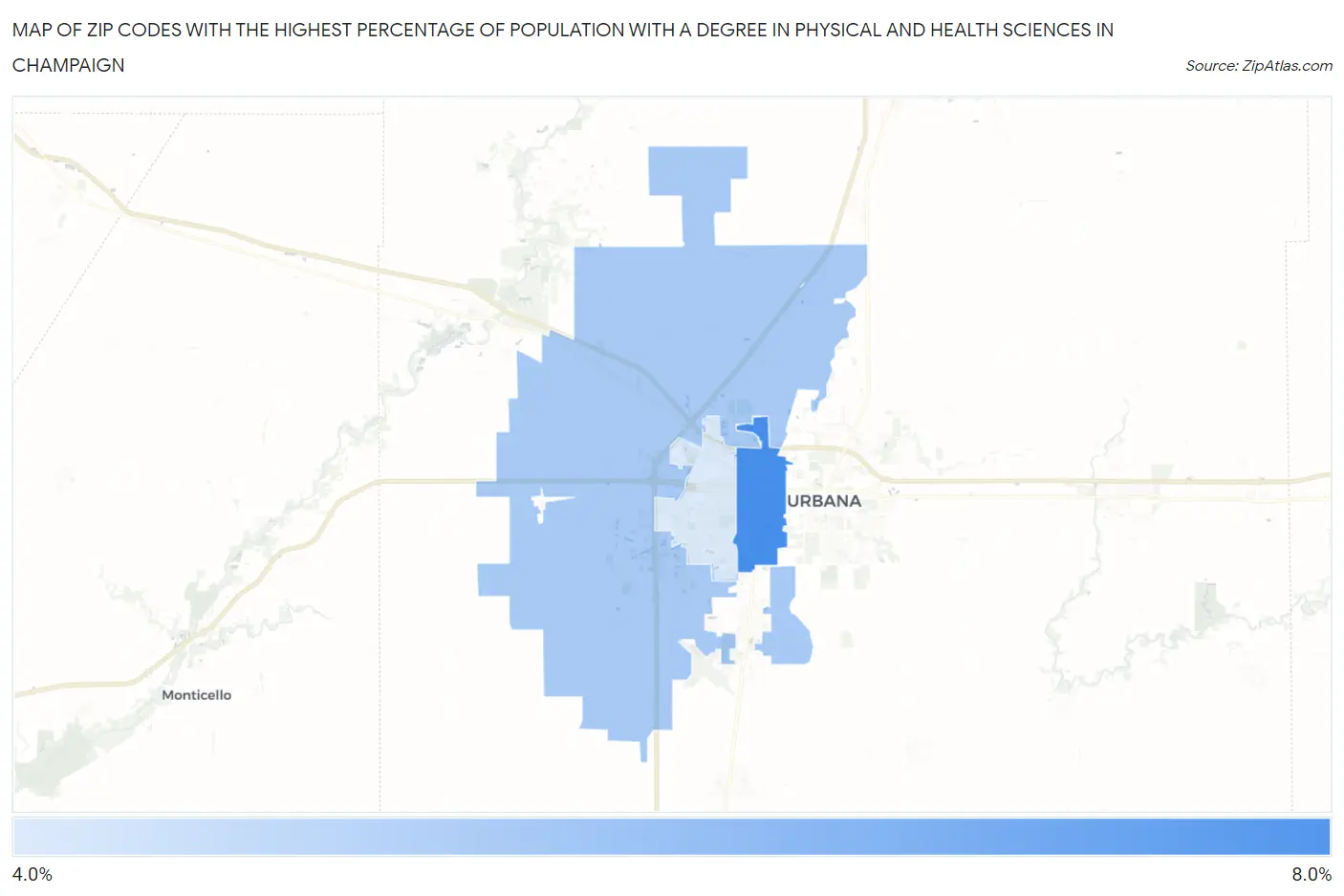 Zip Codes with the Highest Percentage of Population with a Degree in Physical and Health Sciences in Champaign Map