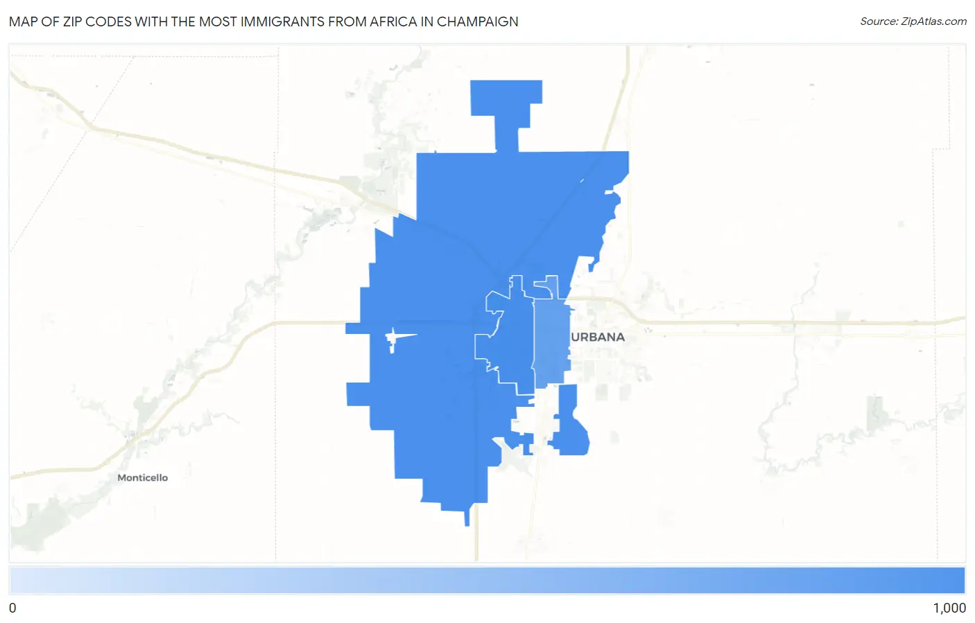 Zip Codes with the Most Immigrants from Africa in Champaign Map