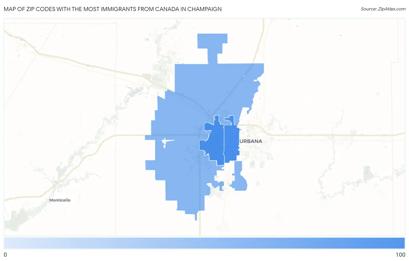 Zip Codes with the Most Immigrants from Canada in Champaign Map