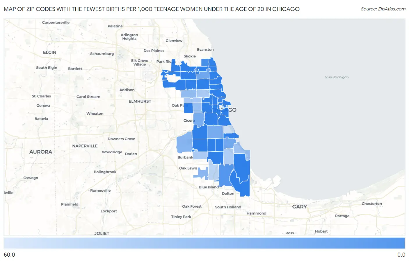 Zip Codes with the Fewest Births per 1,000 Teenage Women Under the Age of 20 in Chicago Map