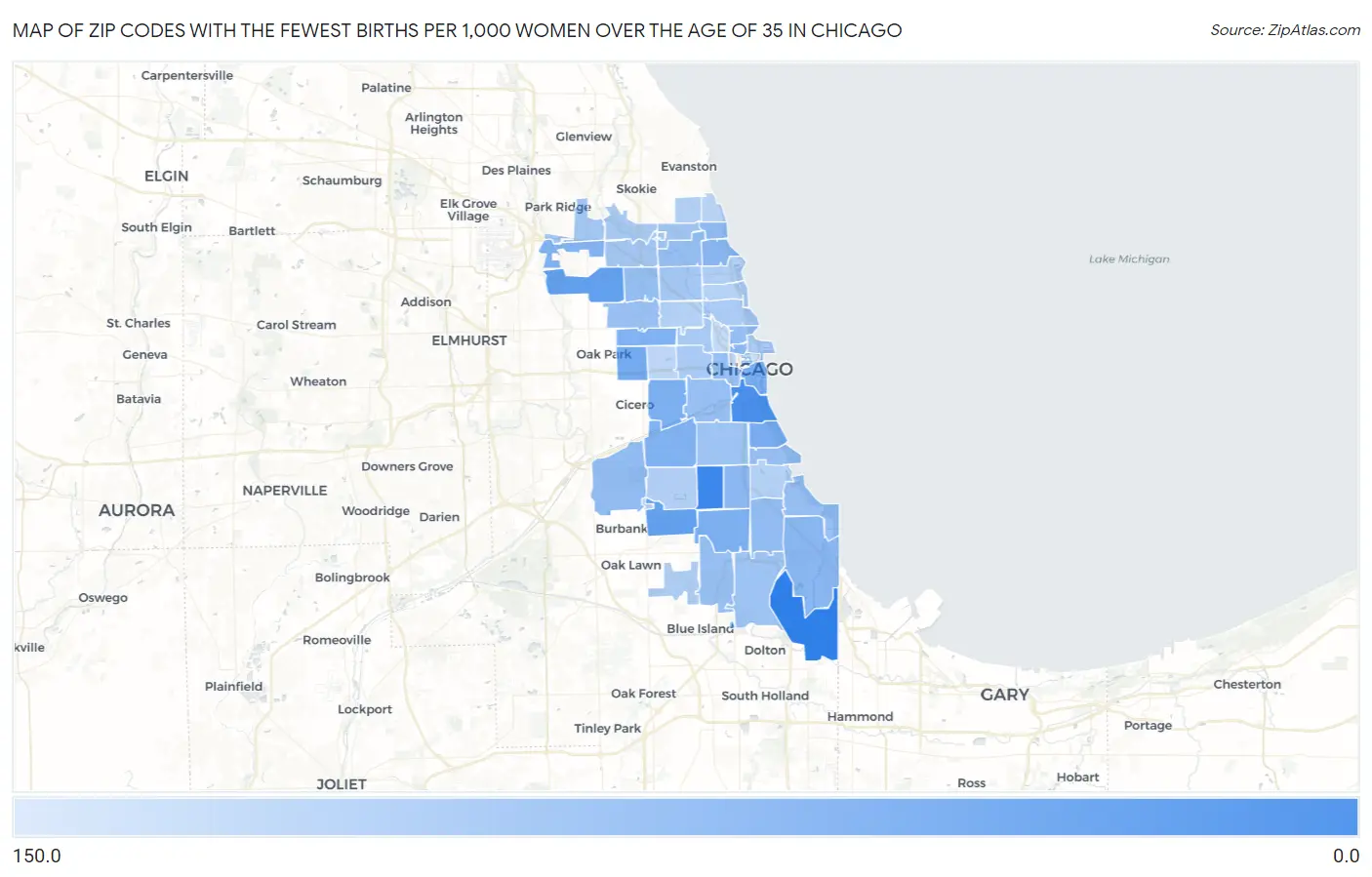 Zip Codes with the Fewest Births per 1,000 Women Over the Age of 35 in Chicago Map