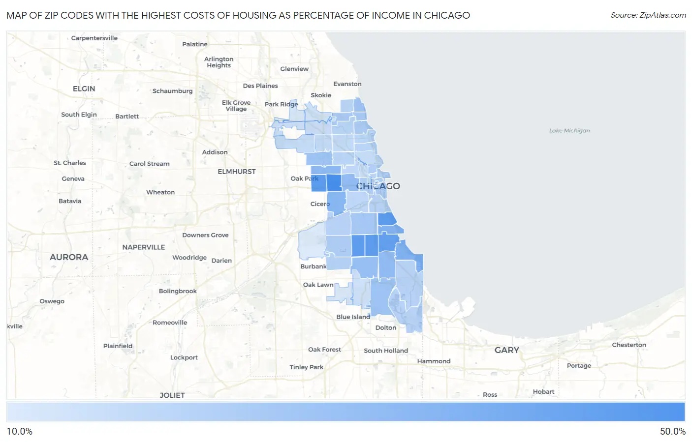 Zip Codes with the Highest Costs of Housing as Percentage of Income in Chicago Map