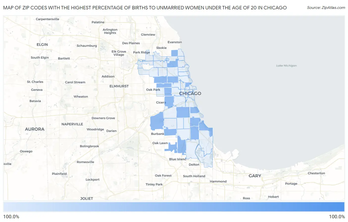 Zip Codes with the Highest Percentage of Births to Unmarried Women under the Age of 20 in Chicago Map