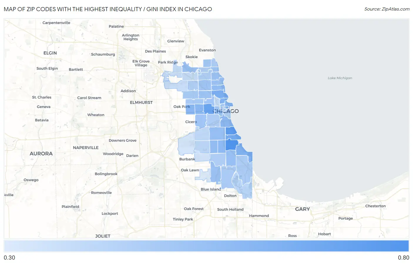 Zip Codes with the Highest Inequality / Gini Index in Chicago Map
