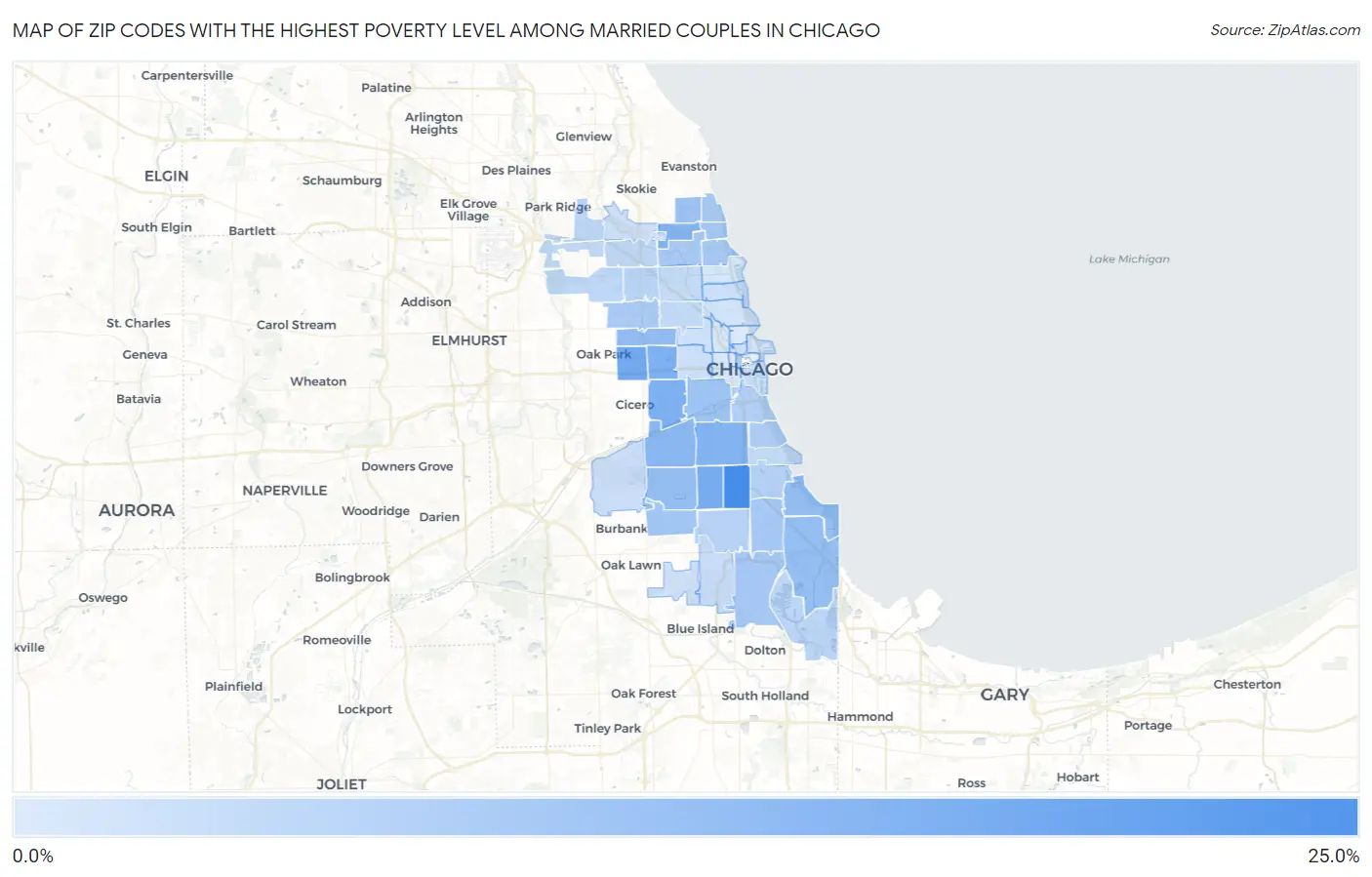 Zip Codes with the Highest Poverty Level Among Married Couples in Chicago Map