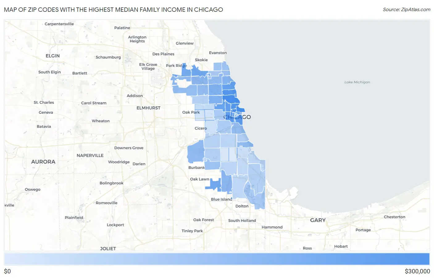 Zip Codes with the Highest Median Family Income in Chicago Map