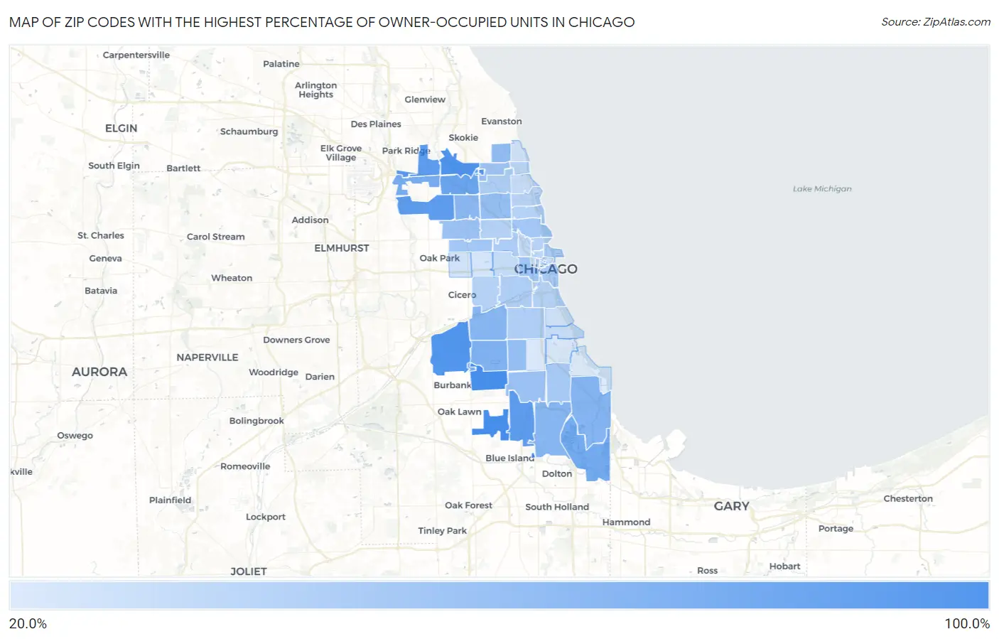 Zip Codes with the Highest Percentage of Owner-Occupied Units in Chicago Map