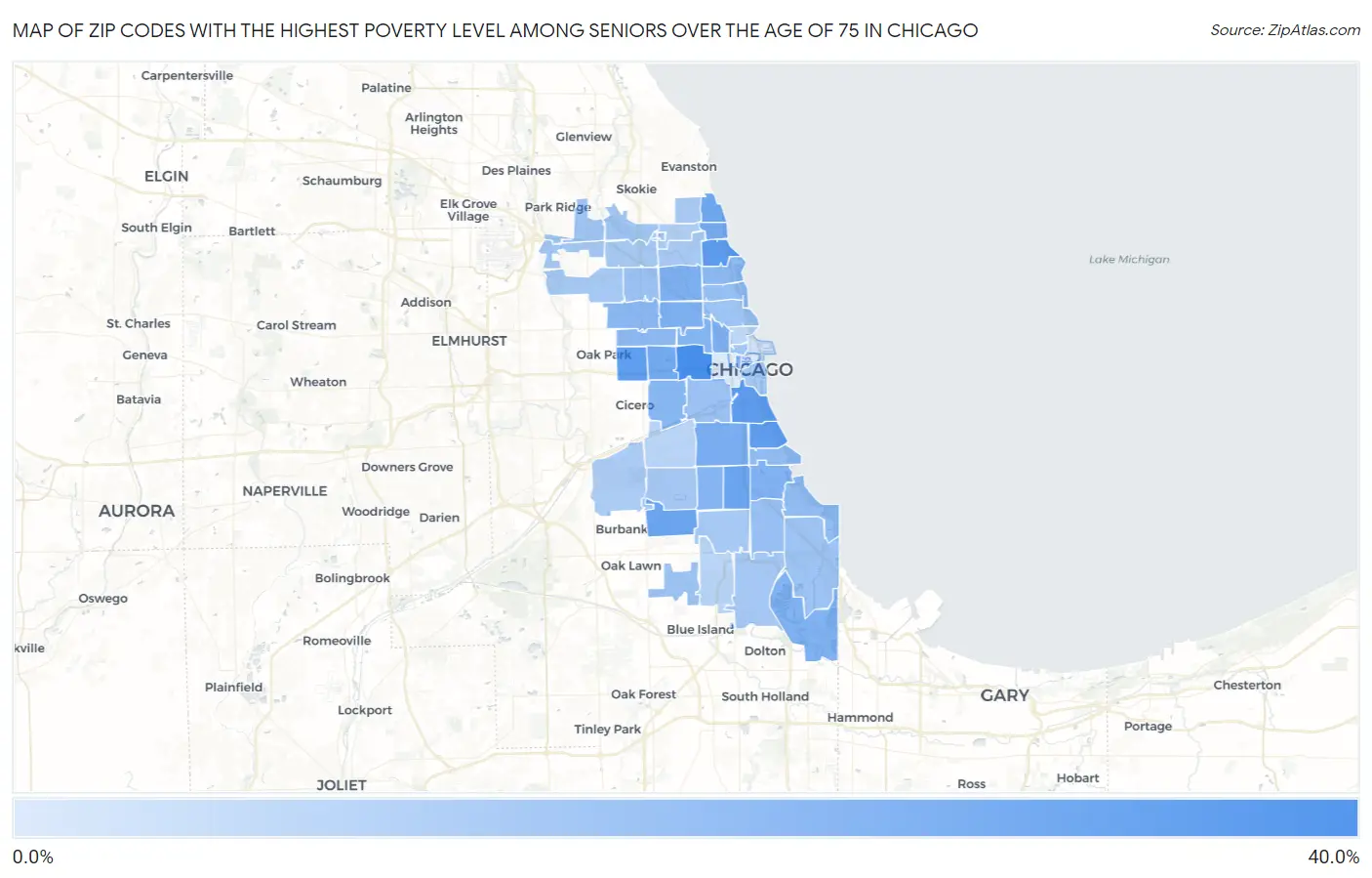 Zip Codes with the Highest Poverty Level Among Seniors Over the Age of 75 in Chicago Map