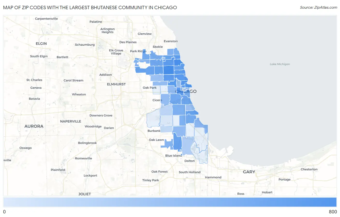 Zip Codes with the Largest Bhutanese Community in Chicago Map