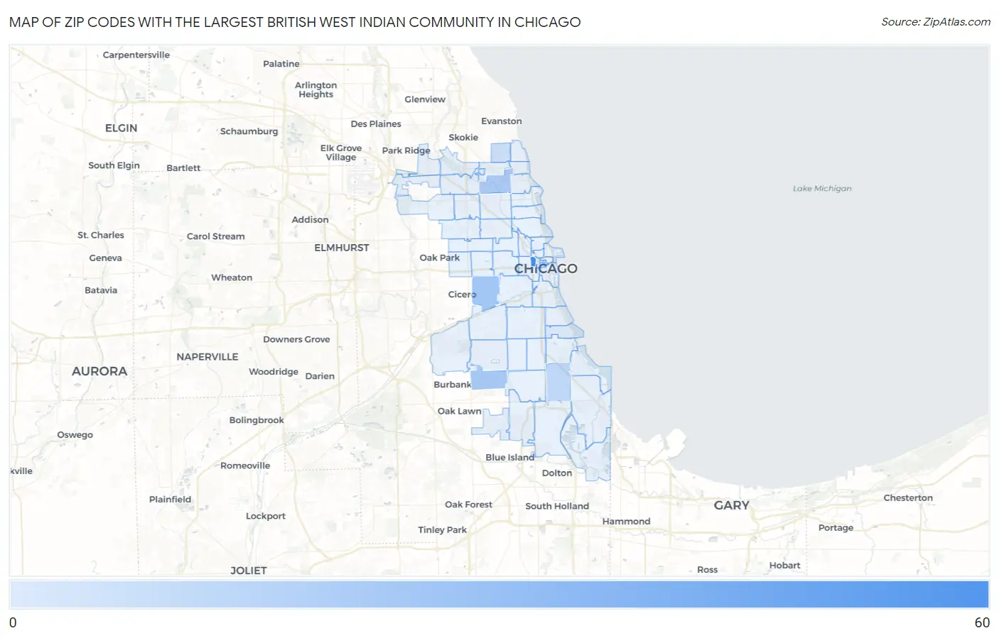 Zip Codes with the Largest British West Indian Community in Chicago Map