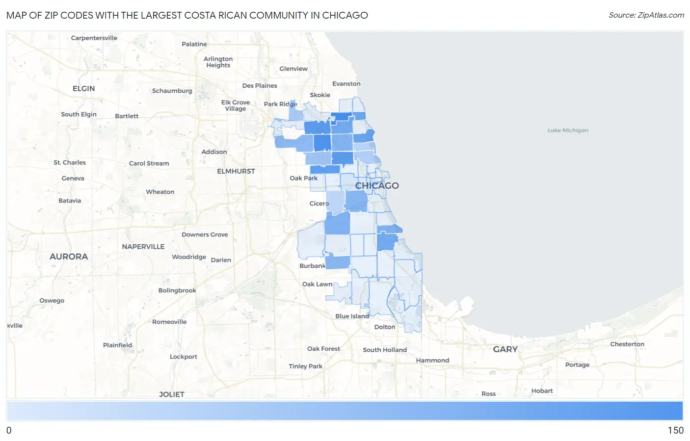 Zip Codes with the Largest Costa Rican Community in Chicago Map