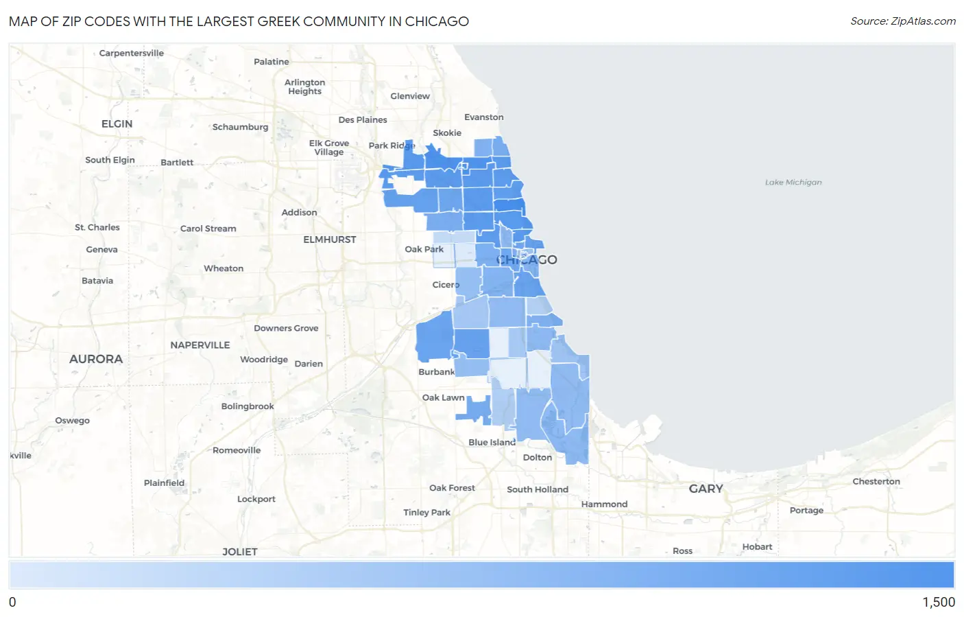 Zip Codes with the Largest Greek Community in Chicago Map
