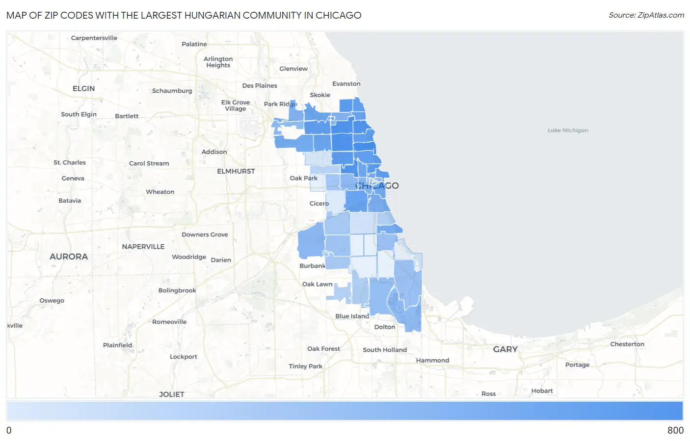 Zip Codes with the Largest Hungarian Community in Chicago Map