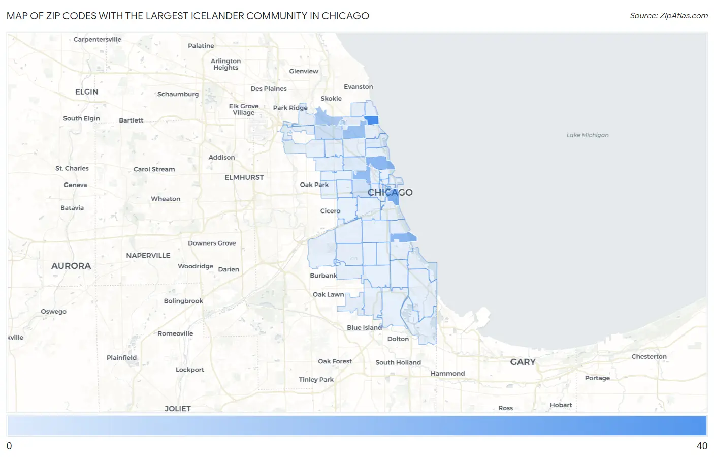 Zip Codes with the Largest Icelander Community in Chicago Map