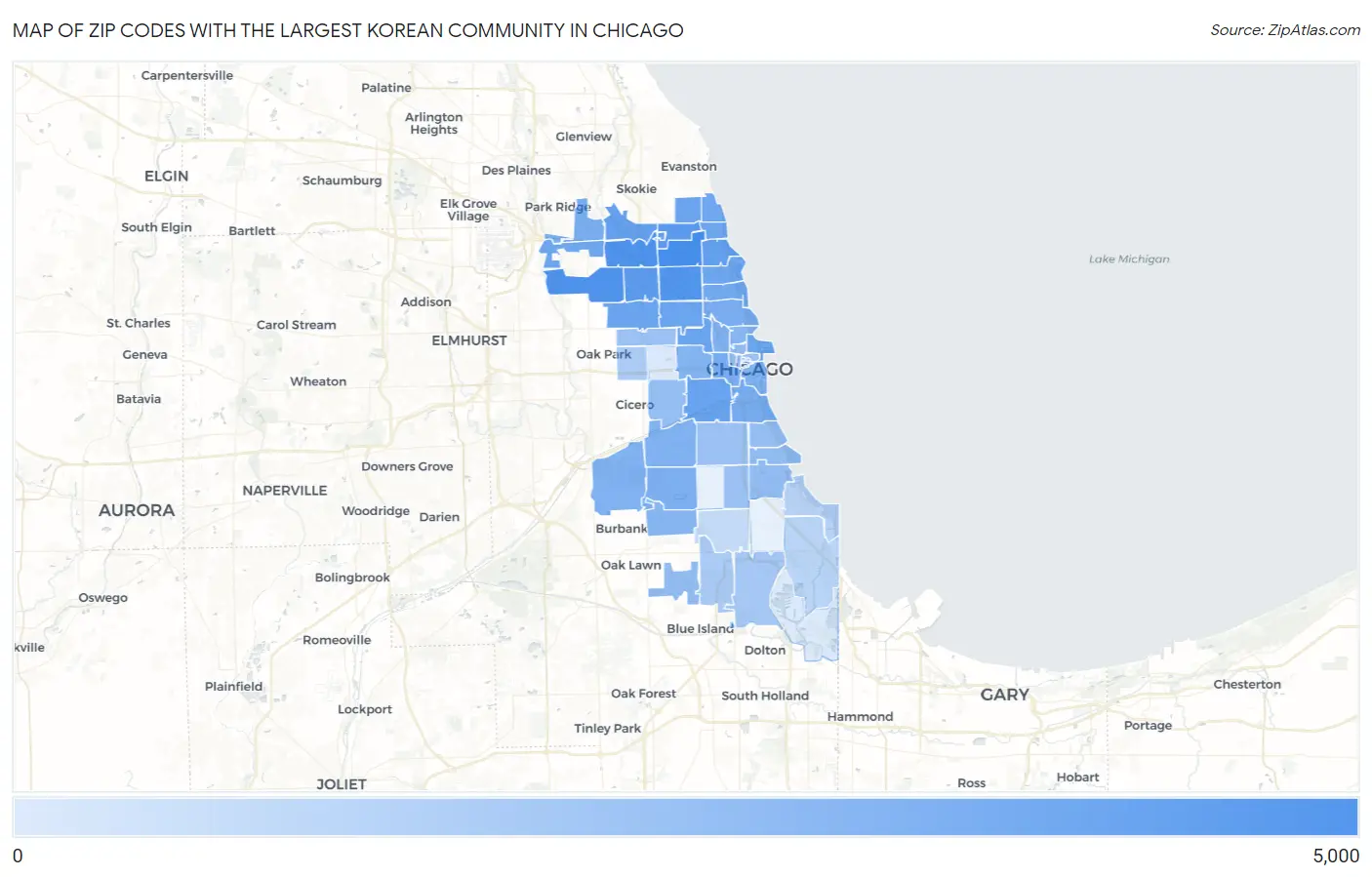 Zip Codes with the Largest Korean Community in Chicago Map