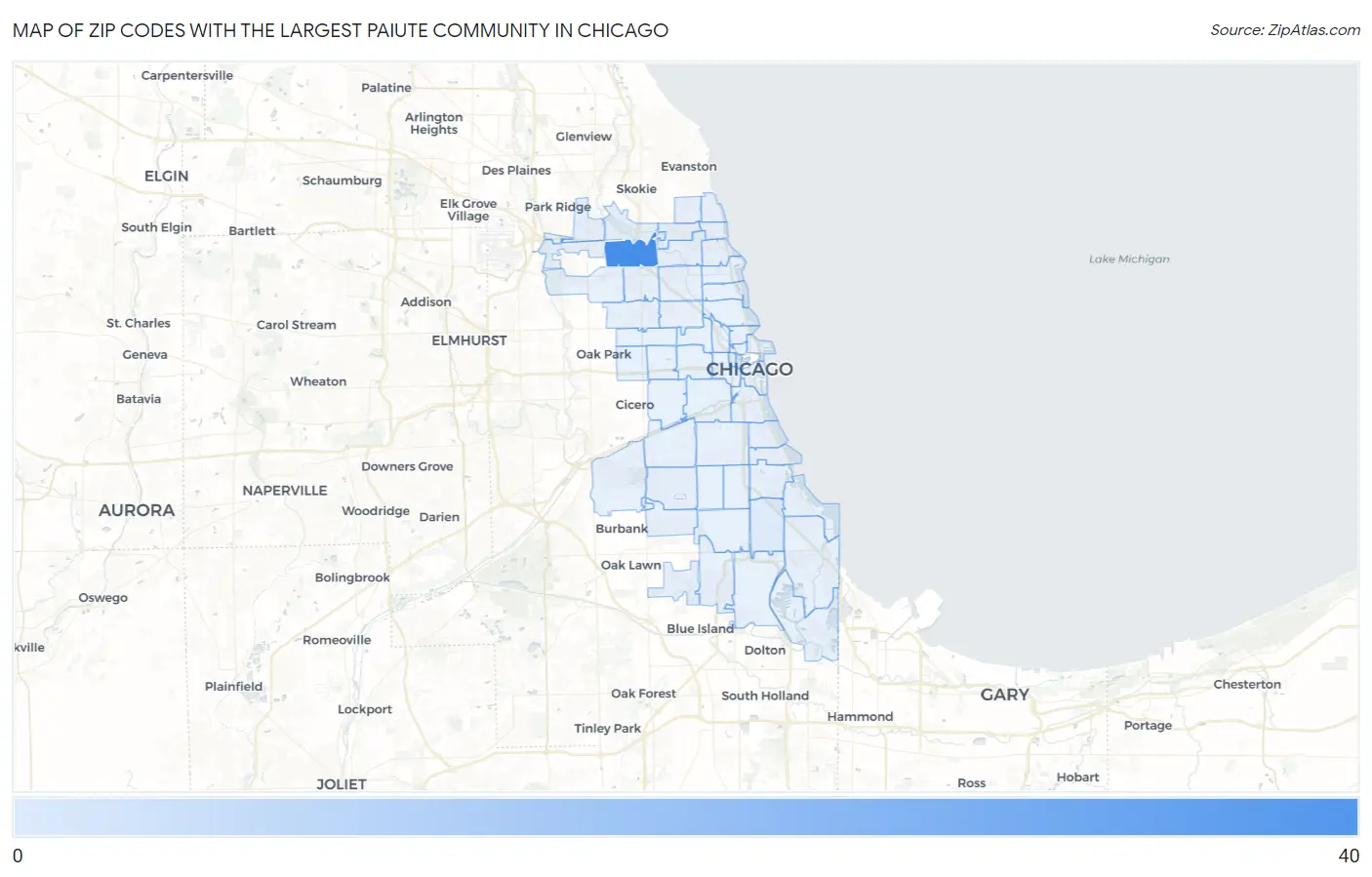 Zip Codes with the Largest Paiute Community in Chicago Map