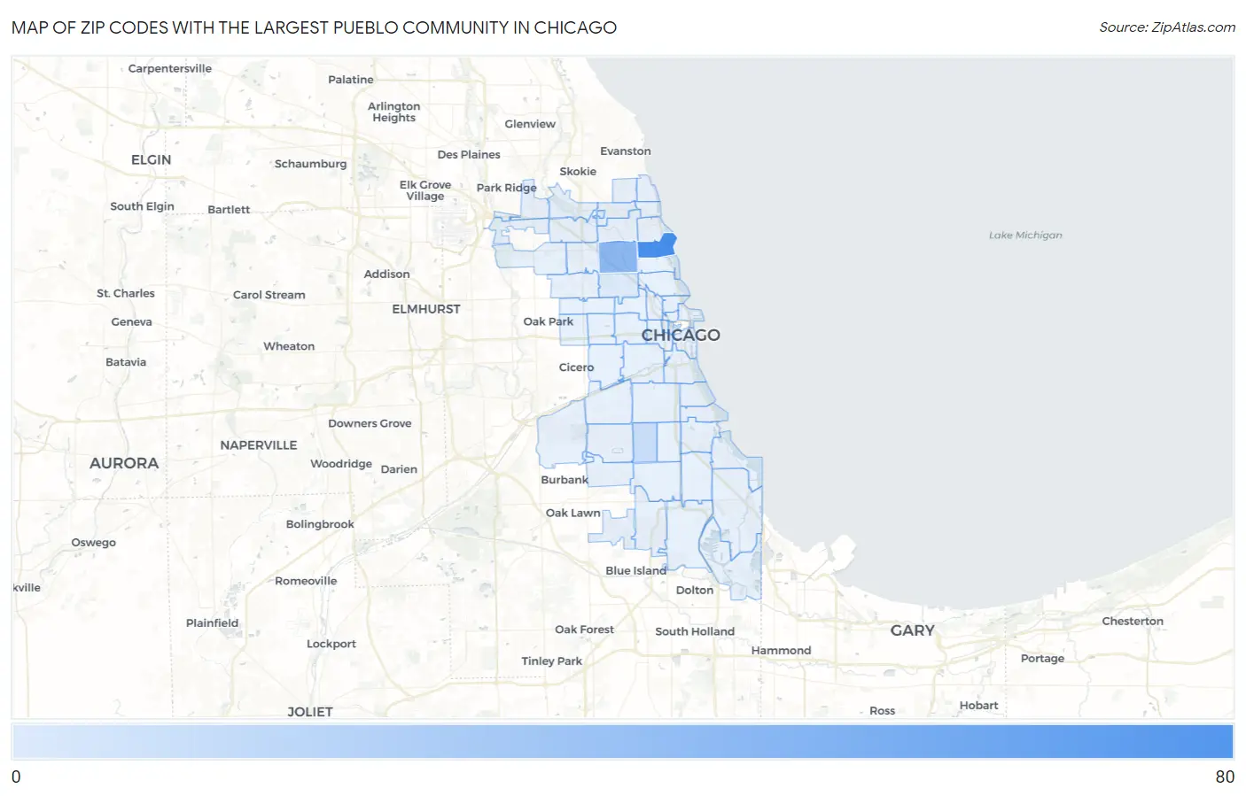 Zip Codes with the Largest Pueblo Community in Chicago Map