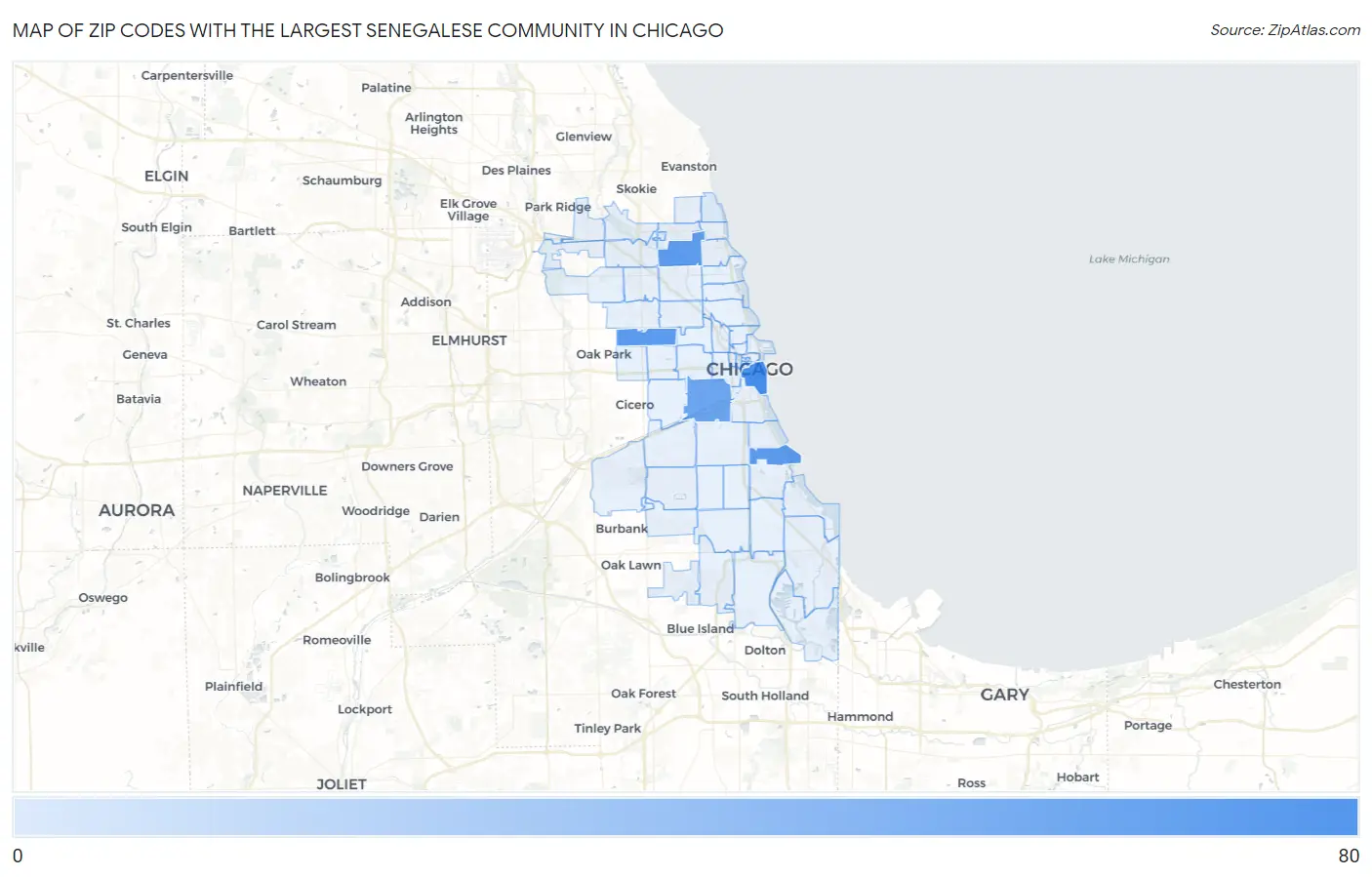 Zip Codes with the Largest Senegalese Community in Chicago Map