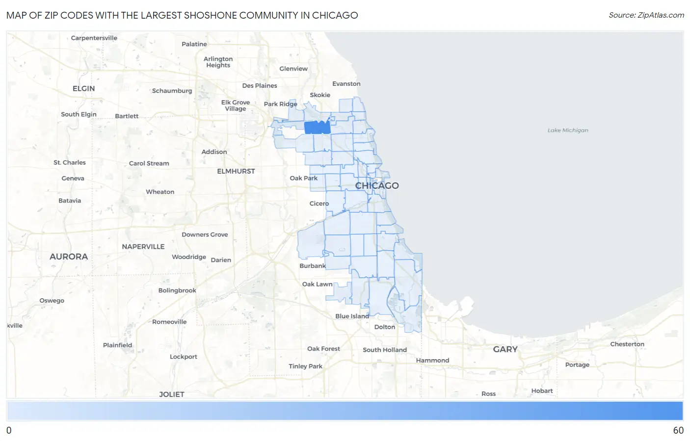 Zip Codes with the Largest Shoshone Community in Chicago Map
