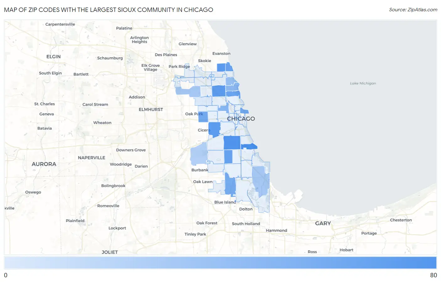 Zip Codes with the Largest Sioux Community in Chicago Map