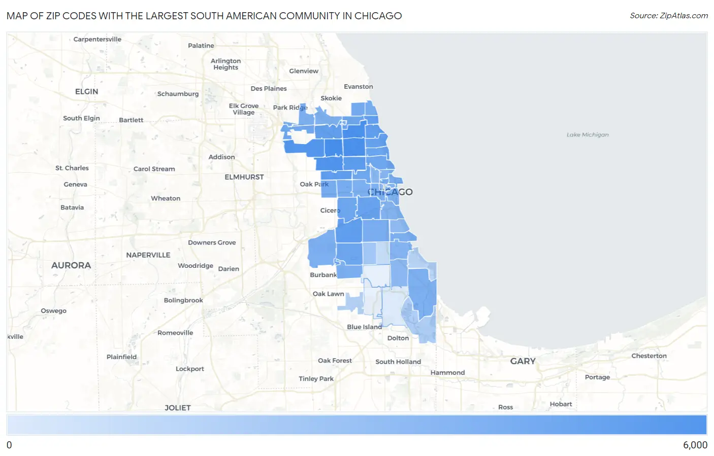 Zip Codes with the Largest South American Community in Chicago Map