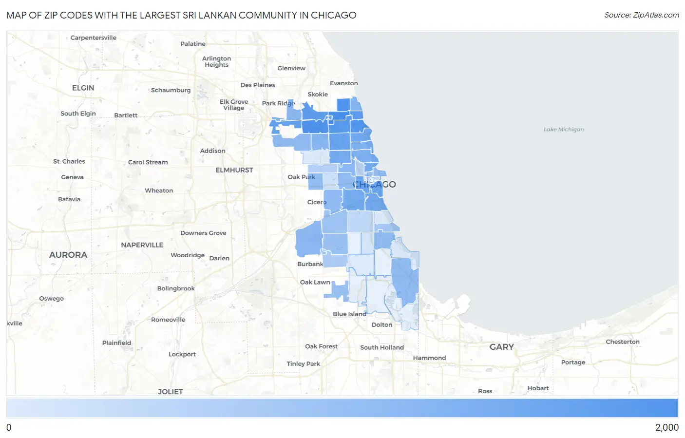 Zip Codes with the Largest Sri Lankan Community in Chicago Map