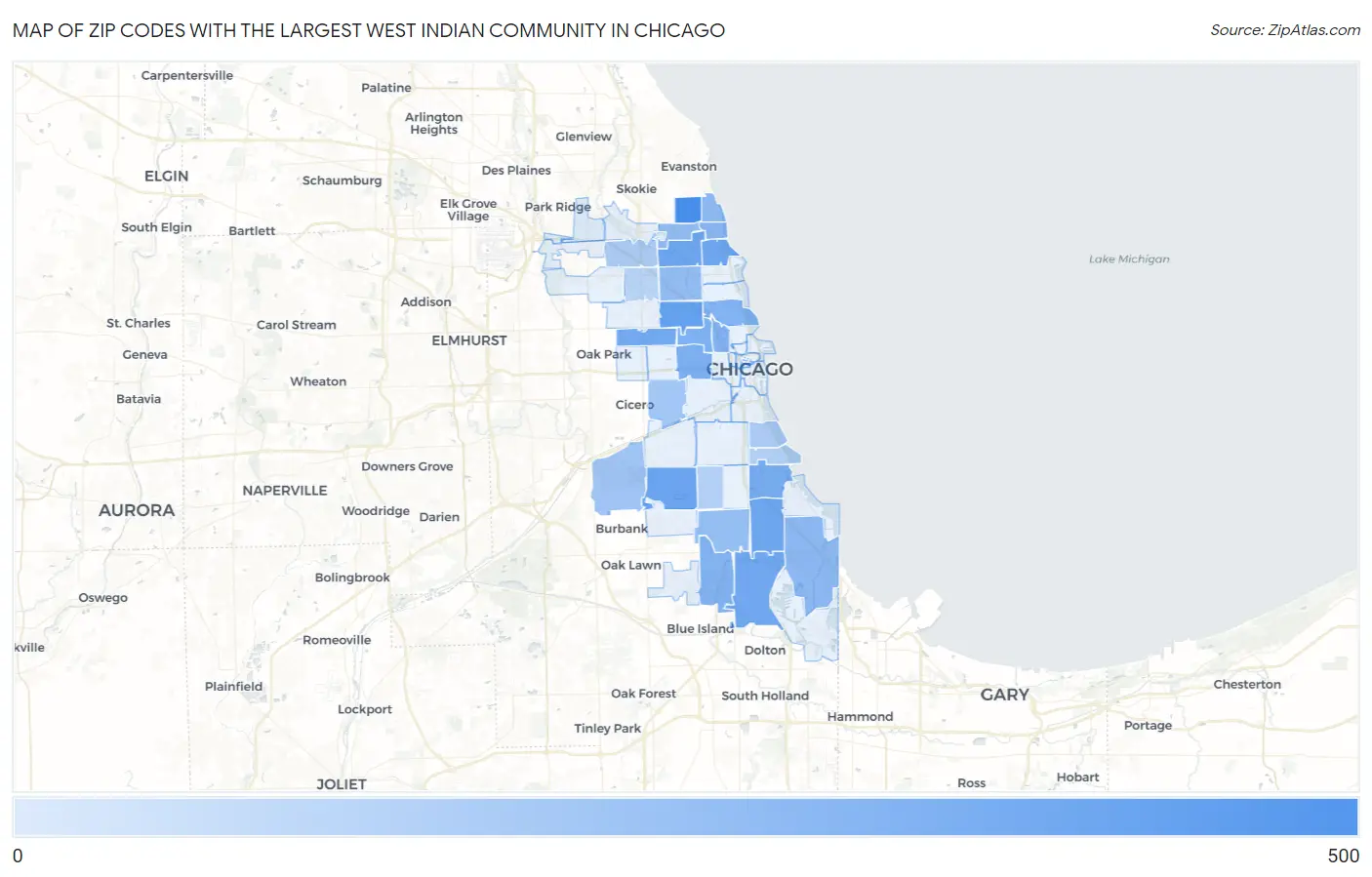 Zip Codes with the Largest West Indian Community in Chicago Map