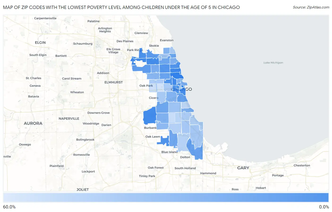 Zip Codes with the Lowest Poverty Level Among Children Under the Age of 5 in Chicago Map