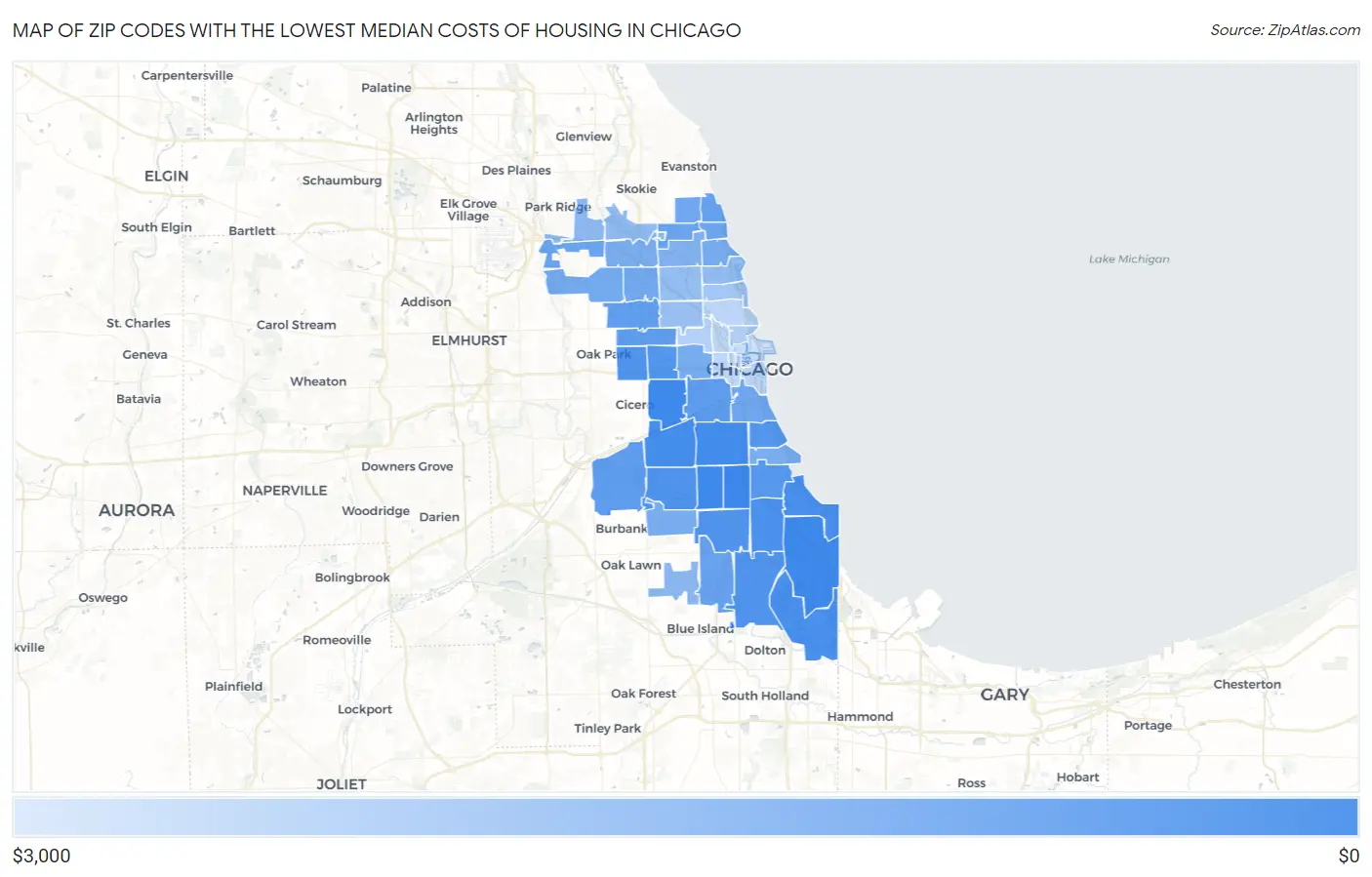 Zip Codes with the Lowest Median Costs of Housing in Chicago Map