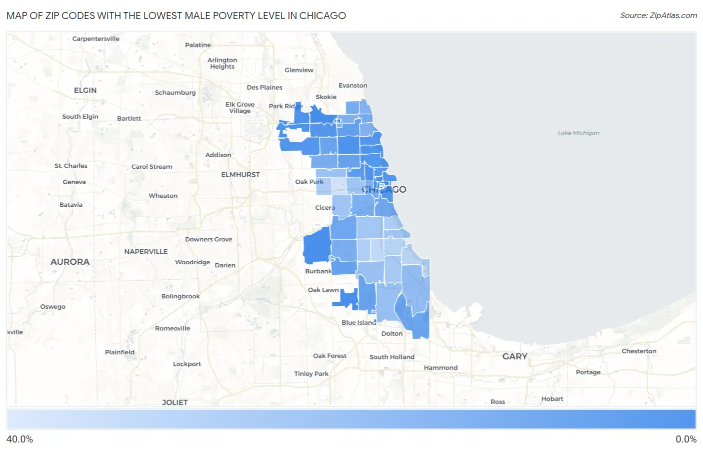 Zip Codes with the Lowest Male Poverty Level in Chicago Map